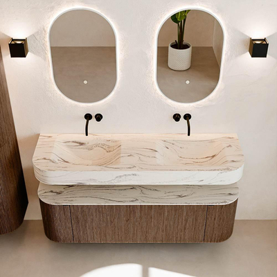 MONDIAZ THOR-DLUX 150cm meuble de salle de bains arrondi gauche + droite couleur Walnut avec 1 tiroir et 2 portes. Vasque suspendue CLOUD Double sans trou de robinet couleur Nata.