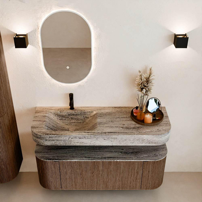 MONDIAZ THOR-DLUX 130cm badmeubel ronding links + rechts kleur Walnut met 1 lade en 2 deuren. Vrijhangende wastafel CLOUD Links 1 kraangat kleur Oza.