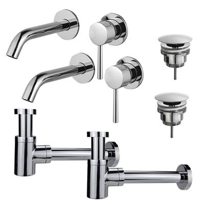 FortiFura Calvi Kit robinet lavabo - pour double vasque - robinet rehaussé - bonde non-obturable - siphon design bas - Chrome brillant