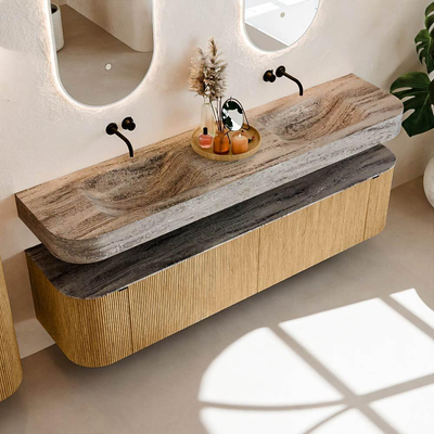 MONDIAZ THOR-DLUX Meuble de salle de bains - 190cm - arrondi gauche + droite - couleur Oak - 2 tiroirs et 2 portes - Vasque suspendue CLOUD Double sans trou de robinet - couleur Oza