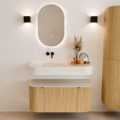 MONDIAZ THOR-DLUX 100cm badmeubel ronding links + rechts kleur Oak met 1 lade en 2 deuren. Vrijhangende wastafel CLOUD Links zonder kraangat kleur Meli.