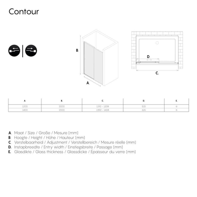 Sealskin Contour schuifdeur voor nis 120 cm, 200 cm hoog, RVS, 6 mm helder veiligheidsglas
