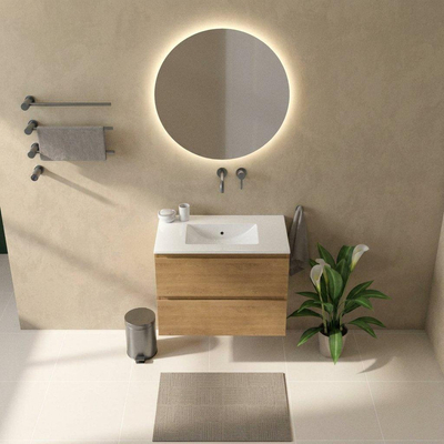 Saniclass Holz Pure Ensemble meuble de salle de bains - 80x45x62cm - Vasque Vygo en céramique blanche - 1 vasque - sans trou de robinet - 2 tiroirs - chêne natural mat (bois)