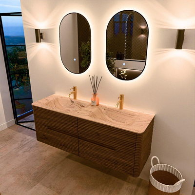 Mondiaz CIRO-DLUX Badkamermeubelset - 140x45x50cm - Solid surface wastafel Arena - 2 wasbak Dubbel - 2 kraangaten - 4 lades - Dusk