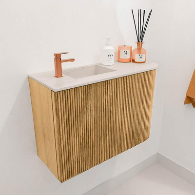 Mondiaz JOYA-DLUX 61.6cm toiletmeubel - ronding rechts kleur Oak - Wastafel FAYE positie Links 1 kraangat kleur Meli.