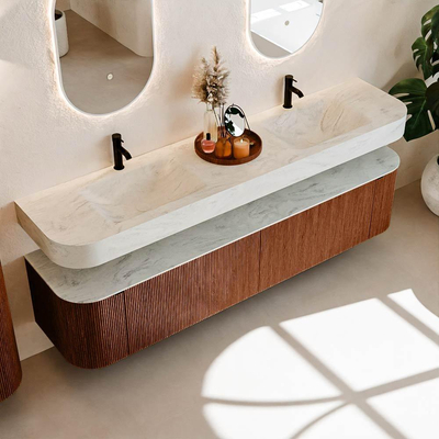 MONDIAZ THOR-DLUX 200cm meuble de salle de bains arrondi gauche + droite couleur Ruby avec 2 tiroirs et 2 portes. Vasque suspendue CLOUD Double 2 trous de robinet couleur Opalo.