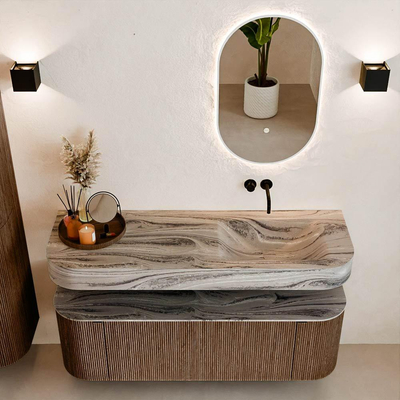MONDIAZ THOR-DLUX 140cm badmeubel ronding links + rechts kleur Walnut met 1 lade en 2 deuren. Vrijhangende wastafel CLOUD Rechts zonder kraangat kleur Sombra.