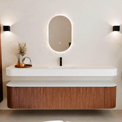 MONDIAZ THOR 200cm meuble de salle de bains arrondi gauche + droite couleur Ruby avec 2 tiroirs et 2 portes. Vasque suspendue CLOUD Milieu 1 trou de robinet couleur Talc.