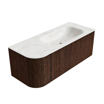 MONDIAZ KURVE-DLUX Meuble de salle de bains 115 cm avec module 25 L couleur Walnut avec 1 tiroir et 1 porte. Lavabo BIG SMALL à droite sans trou de robinet couleur Ostra.
