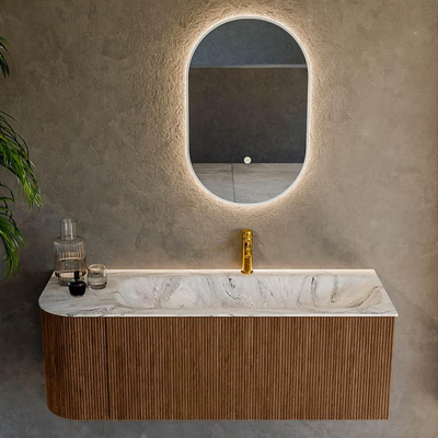 MONDIAZ KURVE-DLUX 125cm Meuble salle de bain avec module 25 G - couleur Walnut - 1 tiroir - 1 porte - vasque BIG MEDIUM droite - 1 trou de robinet - couleur Glace