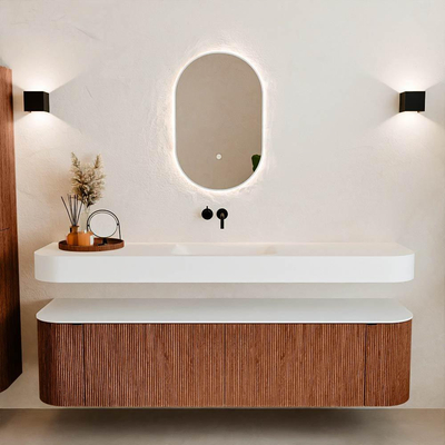 MONDIAZ THOR Meuble de salle de bains 180cm arrondi gauche + droite couleur Ruby avec 2 tiroirs et 2 portes. Vasque suspendue CLOUD Milieu sans trou de robinet couleur Talc.