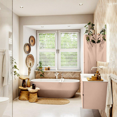 MONDIAZ VICA Ensemble meuble de salle de bains - 130cm - meuble bas rosee - 2 tiroirs - vasque moon au milieu - sans trous de robinet - version haute 60cm - talc