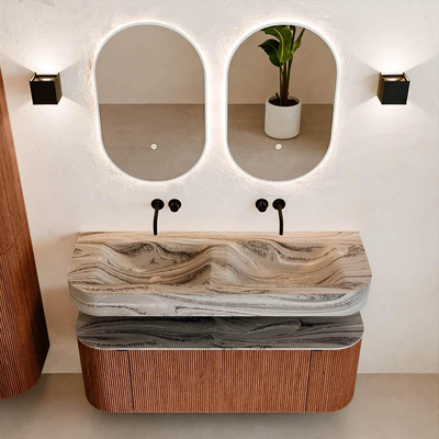 MONDIAZ THOR-DLUX 130cm meuble de salle de bains arrondi gauche + droite couleur Ruby avec 1 tiroir et 2 portes. Vasque suspendue CLOUD Double sans trou de robinet couleur Sombra.