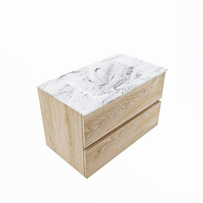 VICA-DLUX 80cm badmeubel onderkast washed oak 2 lades. Inbouw wastafel CLOUD midden 1 kraangat, kleur Glace.