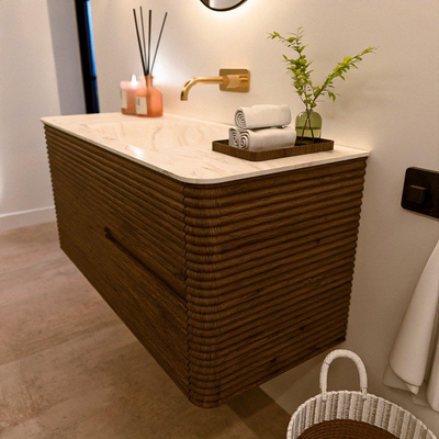 Mondiaz CIRO-DLUX Badkamermeubelset - 110x45x50cm - Solid surface wastafel Ostra - 1 wasbak Midden - zonder kraangaten - 2 lades - Dusk