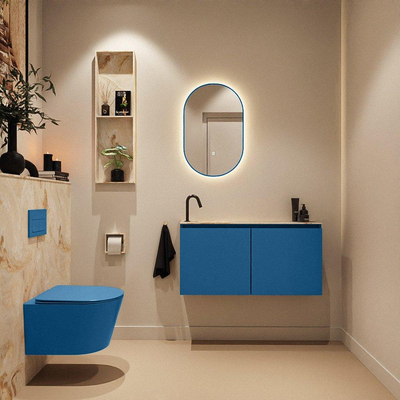 MONDIAZ TURE-DLUX Meuble toilette - 100cm - Jeans - EDEN - vasque Frappe - position gauche - 1 trou de robinet