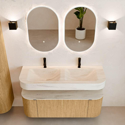 MONDIAZ THOR-DLUX 130cm badmeubel ronding links + rechts kleur Oak met 1 lade en 2 deuren. Vrijhangende wastafel CLOUD Dubbel 2 kraangaten kleur Meli.