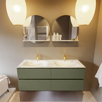 MONDIAZ VICA-DLUX Ensemble meuble de salle de bains - 130cm - meuble sous-vasque Army - 4 tiroirs - lavabo encastré Cloud double - 2 trous de robinet - version haute 60cm - Glace