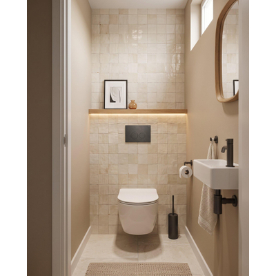 Pack WC QeramiQ Dely Swirl Compact - réservoir encastrable Geberit UP320 - avec bâti-support Burda - abattant slim - plaque de commande en pierre naturelle marbre foncé - boutons ronds - blanc brillant