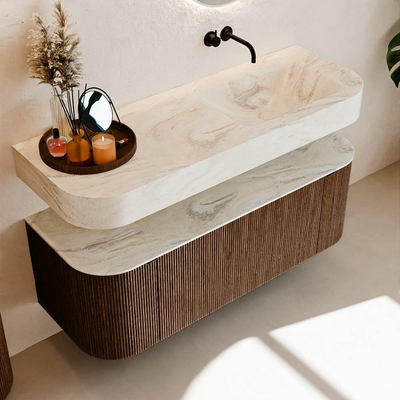 MONDIAZ THOR-DLUX 130cm meuble de salle de bains arrondi gauche + droite couleur Walnut avec 1 tiroir et 2 portes. Vasque suspendue CLOUD droite sans trou de robinet couleur Ostra.