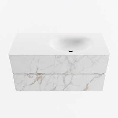 Mondiaz VICA Ensemble de meuble de salle de bain - 100cm - meuble sous-vasque carrara - 2 tiroirs - lavabo moon droite - 1 trou de robinet - version haute de 60cm - talc