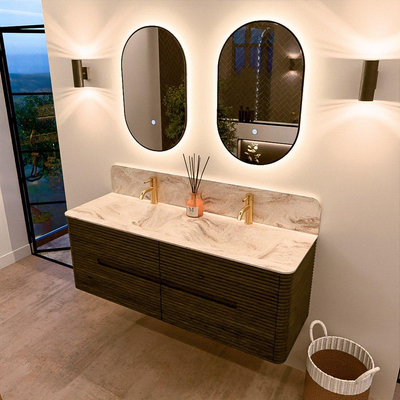 Mondiaz CIRO-DLUX Badkamermeubelset - 140x45x50cm - Solid surface wastafel Frappe - 2 wasbak Dubbel - 2 kraangaten - 4 lades - Shadow