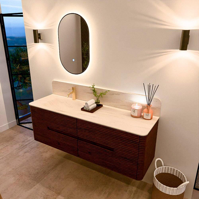 Mondiaz CIRO-DLUX Meuble de salle de bains - 150x45x50cm - Plan vasque Solid surface Meli - 1 lavabo à gauche - 1 trou de robinet - 4 tiroirs - Ruby