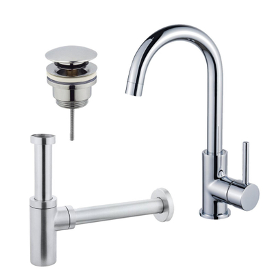 FugaFlow Eccelente Sobrado Kit robinet lavabo - robinet haut - bec rotatif - bonde clic clac - siphon design - Chrome brillant