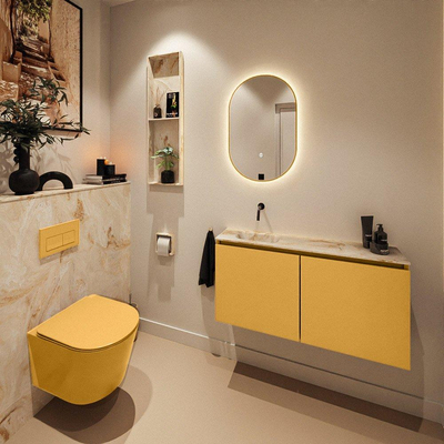 MONDIAZ TURE-DLUX Meuble toilette - 100cm - Ocher - EDEN - vasque Frappe - position gauche - sans trou de robinet