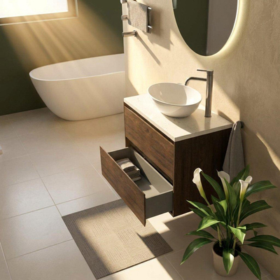Saniclass Holz Pure Ensemble de meubles de salle de bains - 80x45x63cm - Plan vasque en marbre Dia poli (blanc) - 1 trou de robinet - 2 tiroirs - chêne charcoal mat (bois)