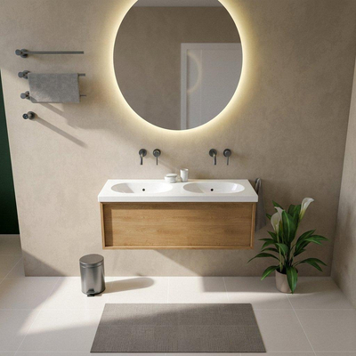 Saniclass Holz Frame Ensemble de meubles de salle de bains - 120x45x43.5cm - lavabo en céramique Palermo blanc - 2 vasques - sans trous de robinetterie - 1 tiroir - chêne natural mat (bois)
