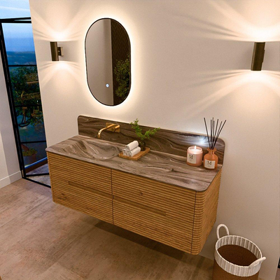 Mondiaz CIRO-DLUX Meuble de salle de bains - 140x45x50cm - vasque solid surface Sombra - 1 lavabo à gauche - sans trous de robinetterie - 4 tiroirs - Chêne