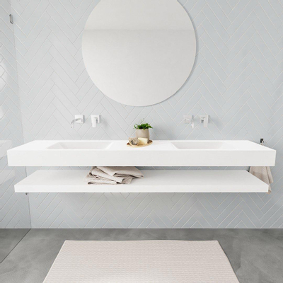 MONDIAZ ALAN 200cm - Ensemble meuble de salle de bains - solid surface - tablette avec lavabo suspendu - 2 bassins - 0 trous de robinet - talc