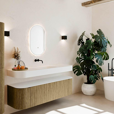 MONDIAZ THOR 160cm meuble de salle de bains arrondi gauche + droite couleur Dusk avec 1 tiroir et 2 portes. Vasque suspendue CLOUD Milieu sans trou de robinet couleur Talc.