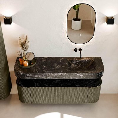 MONDIAZ THOR-DLUX 150cm meuble de salle de bains arrondi gauche + droite couleur Shadow avec 1 tiroir et 2 portes. Vasque suspendue CLOUD droite sans trou de robinet couleur Lava.