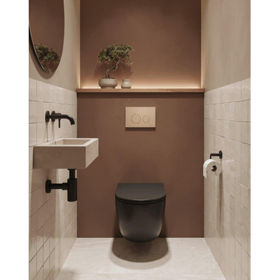 QeramiQ Dely Ensemble de toilette - réservoir encastré QeramiQ Flush - abattant slim - plaque de commande taupe en plastique - boutons ronds - noir mat