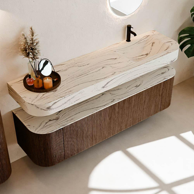 MONDIAZ THOR-DLUX 170cm meuble de salle de bains arrondi gauche + droite couleur Walnut avec 1 tiroir et 2 portes. Vasque suspendue CLOUD Droite 1 trou de robinet couleur Nata.