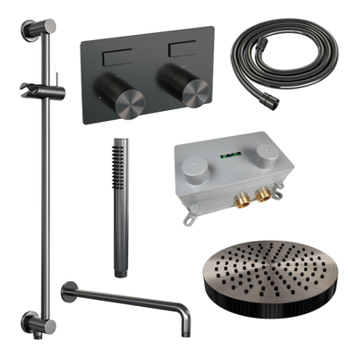 BRAUER Stripe Thermostatische Inbouw Regendouche - drukknoppen - 25cm douchekop - gebogen muurarm - staaf handdouche - doucheslang - geïntegreerde glijstang - gunmetal geborsteld PVD