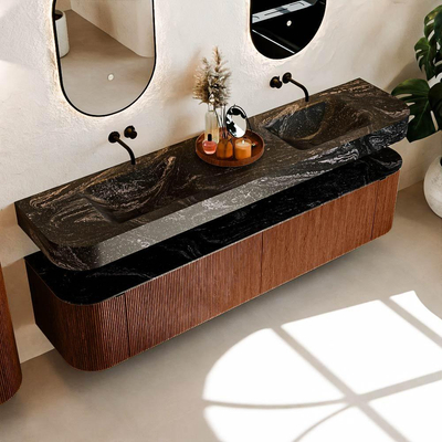 MONDIAZ THOR-DLUX 200cm meuble de salle de bains arrondi gauche + droite couleur Ruby avec 2 tiroirs et 2 portes. Vasque suspendue CLOUD Double sans trou de robinet couleur Lava.