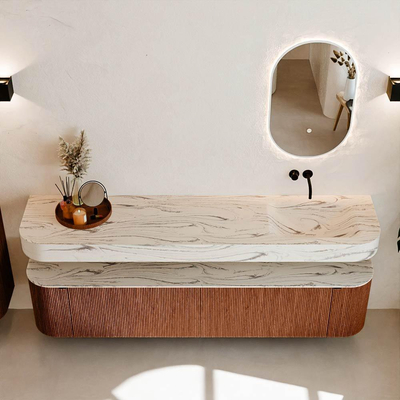 MONDIAZ THOR-DLUX Meuble de salle de bains - 200cm - arrondi gauche + droite - couleur Ruby - 2 tiroirs et 2 portes - Vasque suspendue CLOUD Droite sans trou de robinet - couleur Nata