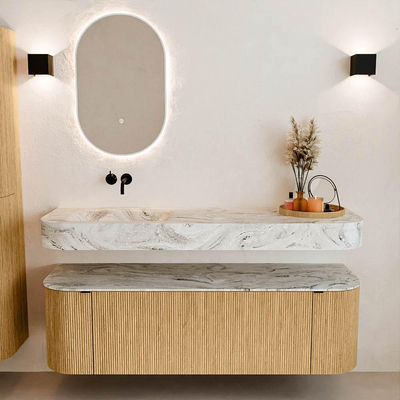MONDIAZ THOR-DLUX 150cm badmeubel ronding links + rechts kleur Oak met 1 lade en 2 deuren. Vrijhangende wastafel CLOUD Links zonder kraangat kleur Glace.