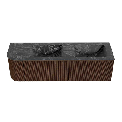 MONDIAZ KURVE-DLUX Meuble de salle de bains 155 cm avec module 25 L couleur Walnut avec 2 tiroirs et 1 porte. Lavabo LEAF double / à droite 2 trous de robinet couleur Lava.