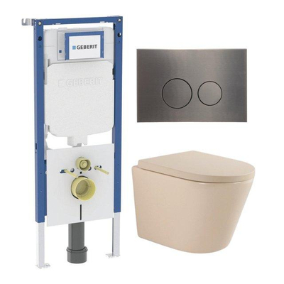 QeramiQ Dely Toiletset - 36.3x51.7cm - diepspoel - rimless - Geberit UP720 inbouwreservoir - softclose toilet zitting 35 mm - gunmetal bedieningsplaat - ronde knoppen - mat beige