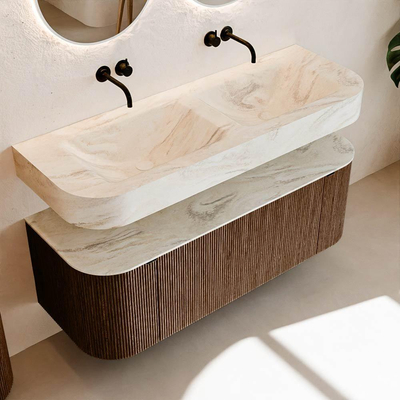 MONDIAZ THOR-DLUX 130cm meuble de salle de bains arrondi gauche + droite couleur Walnut avec 1 tiroir et 2 portes. Vasque suspendue CLOUD Double sans trou de robinet couleur Ostra.