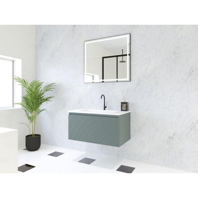 HR Matrix ensemble de meubles de salle de bain 3d 80cm 1 tiroir sans poignée avec bandeau de poignée couleur pétrole mat avec lavabo mince 1 trou de robinetterie blanc mat
