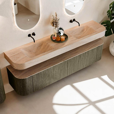 MONDIAZ THOR-DLUX Meuble de salle de bains - 200cm - arrondi gauche + droite - couleur Shadow - 2 tiroirs - 2 portes - Vasque suspendue CLOUD Double sans trou de robinet - couleur Saba