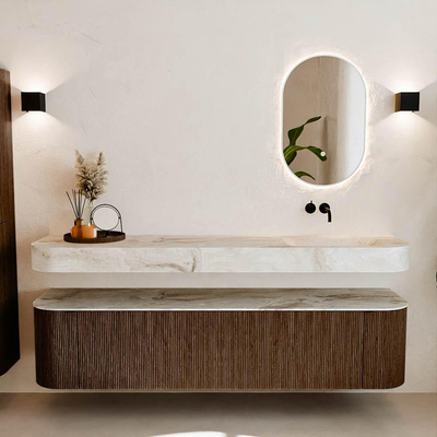 MONDIAZ THOR-DLUX Meuble de salle de bains 190cm arrondi gauche + droite couleur Walnut avec 2 tiroirs et 2 portes. Vasque suspendue CLOUD Droite sans trou de robinet couleur Frappe.