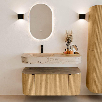 MONDIAZ THOR-DLUX 110cm meuble de salle de bains arrondi gauche + droite couleur Oak avec 1 tiroir et 2 portes. Vasque suspendue CLOUD gauche 1 trou de robinet couleur Arena.