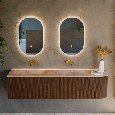 MONDIAZ KURVE-DLUX 175cm badmeubel ronding Rechts kleur Walnut met 2 lades en 1 deur. Wastafel STOR SMALL Dubbel / Links zonder kraangat Saba.