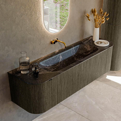 Mondiaz KURVE-DLUX Ensemble de meubles de salle de bains - 160x46x40cm - 1 tiroir - 2 portes - lavabo solid surface - milieu - sans trou de robinet - Shadow